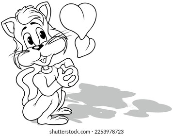 Drawing of a Amorous Kitty with Two Hearts - Cartoon Illustration Isolated on White Background, Vector