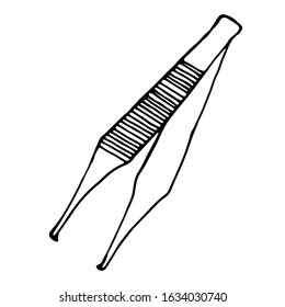 Drawing anatomical tweezers, a female tool for plucking eyebrows, medical equipment. Drawn by a black pen on a white isolated background, vector stock image. For medical textbooks, brochures, packages