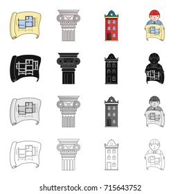 Drawing, ancient column, multi-storey building, architect with a sketch. Architecture set collection icons in cartoon black monochrome outline style vector symbol stock illustration web.