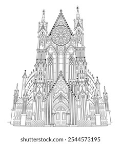 Drawing of ancient gothic cathedral. Black and white page for kids coloring book. Fantasy castle with stained glass windows and rose. French medieval architecture. Hand drawn vector illustration.