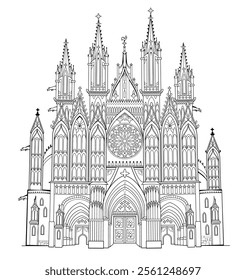 Drawing of ancient gothic cathedral. Black and white page for kids coloring book. Fantasy castle with stained glass windows and rose. Medieval architecture in France. Hand drawn vector illustration.