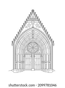 Drawing of ancient gothic portal. Entrance to the medieval Catholic cathedral. Black and white page for coloring book. Christian churches in France. Western Europe architecture. Vector illustration.