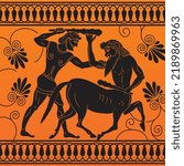 Drawing in the ancient Greek style. Mythological story Ancient Greek man fighting with a centaur with a cudgel in his hands