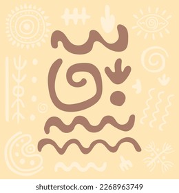 Drawing of ancient tribe. Primitive ethnic ornament, petroglyph, stone age. Spirals, wavy lines, zigzags, arrows. Ancient patterns. Design element for textiles, paper, fabrics. Vector illustration