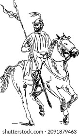 Drawing of an ancient warrior knight nomad rider on a horse with a flag. Vector illustration	