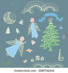 Zeichnung eines Engels mit offenen Flügeln, Baum, Weihnachtsdekorationen, Kerzen, Freilaufmond (Vektorgrafik)