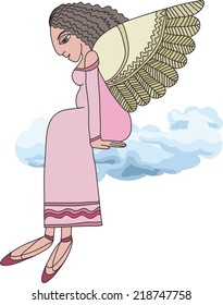 drawing of an angel sitting on a cloud. vector illustration