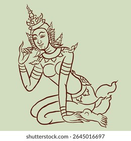 drawing of angel in Thai art vector for illustration, card, decoration