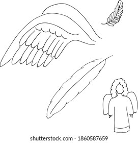 Drawing of an angel, wings, feathers. Flight symbols.