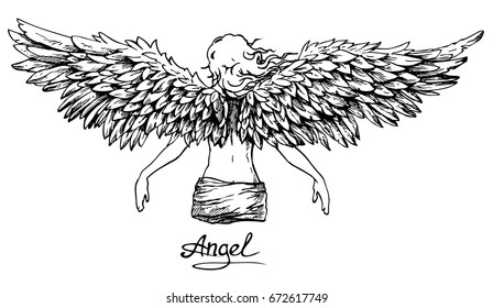 Drawing of an angel with wings - vector illustration isolated on white