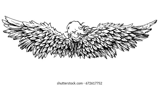 Drawing of an angel with wings - vector illustration isolated on white