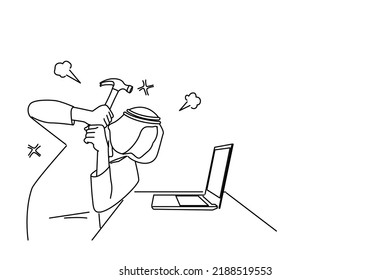 Drawing of angry arab young office worker smashing computer screen with hammer. Single continuous line art

