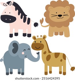 Desenho de animais para crianças. Zebra bonita, girafa, elefante e leão em estilo de papelão. Animais isolados sem fundo.