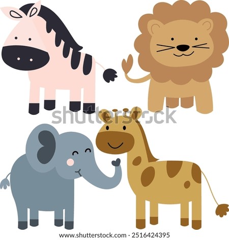 Drawing of animals for children. Cute zebra, giraffe, elephant and lion in cardboard style. Animals isolated without background.