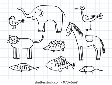 Drawing of animals on squared paper