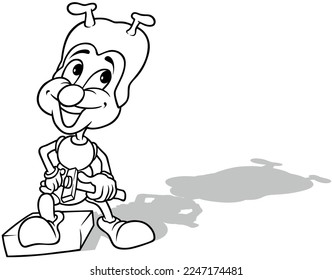 Drawing of an Ant with a Hammer in Hand Standing on a Brick - Cartoon Illustration Isolated on White Background, Vector