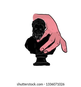 Drawing antique sculpture in contemporary modern style. Philosophical, surrealistic and symbolism doddle in pink, white and black colors. Hand drawing vector illustration. 