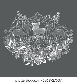 drawing of an antique stroller in a floral lace frame