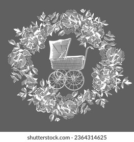 drawing of an antique stroller in a floral lace frame