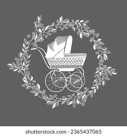 drawing of an antique stroller in a floral lace frame