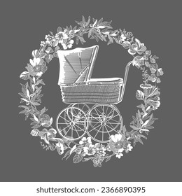 drawing of an antique stroller in a floral lace frame