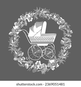 drawing of an antique stroller in a floral lace frame