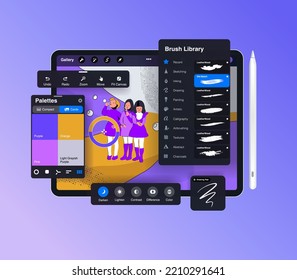 Drawing app on tablet for artists. Interface menu close-up. brush settings and editing panels