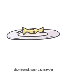 Drawing of an apple core on the plate in color. Doodle