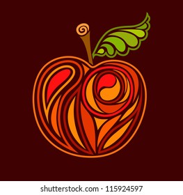 Drawing apple with green sheet on a dark background