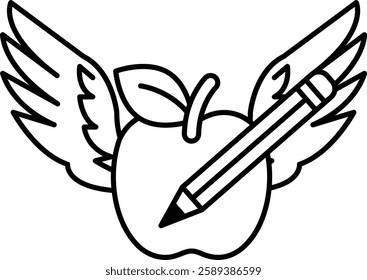 A drawing of an apple and a pencil with wings