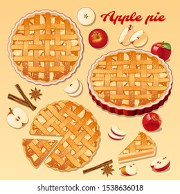 Drawing Of An Apple Pie, A Piece Of Apple Pie, Apples, Cinnamon Sticks, Cinnamon Stars.Vector Image.