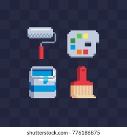 Drawing application icons. Brush roller, palette and paint cans. Pixel art style. 8-bit sprite. Isolated abstract vector illustrations.