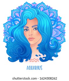 Drawing of Aquarius astrological sign as a beautiful girl over ornate mandala pattern. Zodiac vector illustration isolated on white. Future telling, horoscope, alchemy, spirituality, fashion woman.