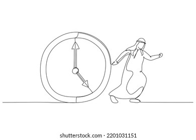 Drawing of arab business man run from the clocks. Single line art style
