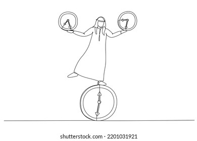 Drawing of arab businessman balancing all time pieces. Work life balance or control work project time and schedule concept. Single continuous line art
