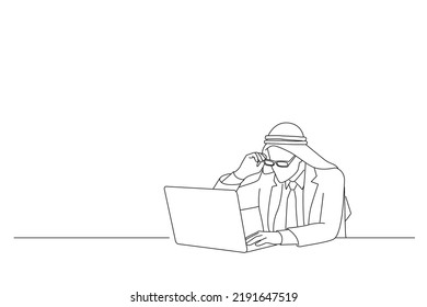 Drawing of arab businessman with computer. Line art style

