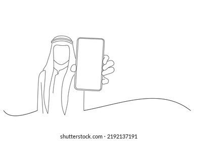 Drawing of Arab Businessman Demonstrating Smartphone With Big Blank White Screen. One line art
