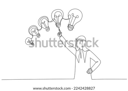 Drawing of arab businessman with different sizes of idea. Continuous line art