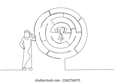 Drawing of arab businessman finding the way in labyrinth to reach path to success. Continuous line art