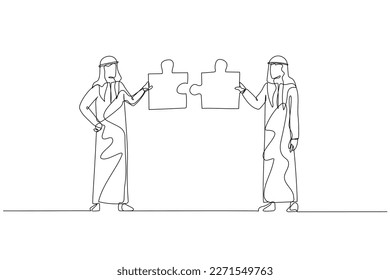 Drawing of arab businessman with friend connecting the puzzle. Concept of networking. Single continuous line art