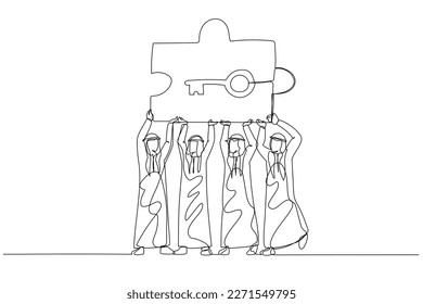 Drawing of arab businessman and friend connecting jigsaw like keys. Concept of partnership. Single line art style