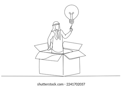 Drawing of arab businessman get out of paper box with new illumination lightbulb idea. Think outside the box. Continuous line art
