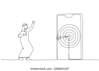 Drawing of arab businessman hit target on mobile with arrow. Continuous line art
