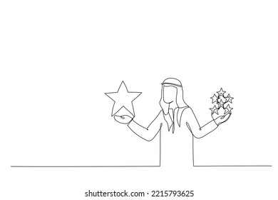 Drawing of arab businessman holding comparing quality of stars. Metaphor for quality vs quantity. One line style art
