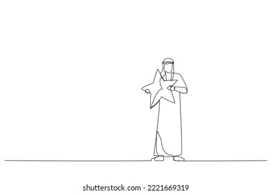 Drawing of arab businessman hugging big star. Metaphor for good review. One line art style
