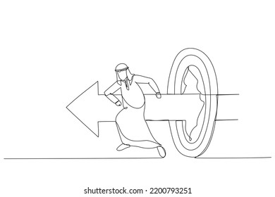 Drawing Of Arab Businessman Like Superhero Running And Breaking Target Archery. Metaphor Of Success Goal And Success. Continuous Line Art Style
