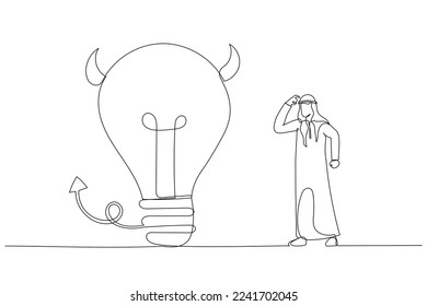 Drawing of arab businessman looking at devil lightbulb doubting it bad idea. Stupid mistake or poor idea. Single continuous line art style
