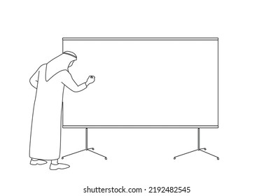 Drawing Of Arab Businessman Making A Presentation At Office. Entrepreneur Using Whiteboard To Present Ideas. One Line Art
