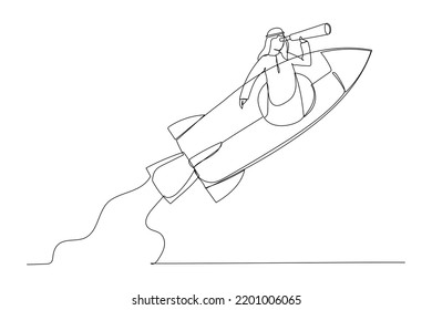 Drawing Of Arab Businessman Manager Open Rocket Window Using Telescope Looking Forward. Entrepreneurship, Leadership To See Future Vision. Single Continuous Line Art
