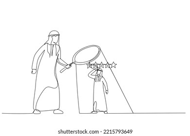 Drawing of arab businessman manager use magnifier to analyze employee with 5 stars rating. Metaphor for employee performance evaluation. Single line art style
